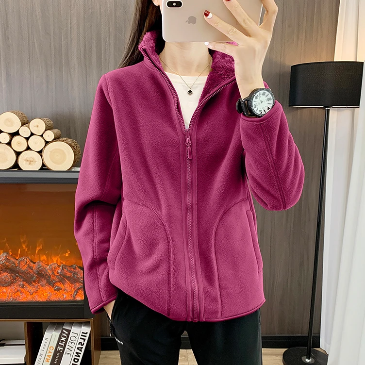 保暖两面穿抓绒衣女加厚加绒立领开衫外套秋冬季户外运动登山服