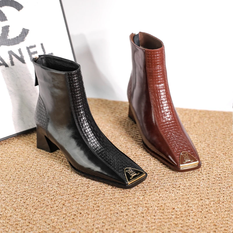 4CM/牛皮跟中跟鞋方头女鞋子真皮切尔西马丁靴X10080