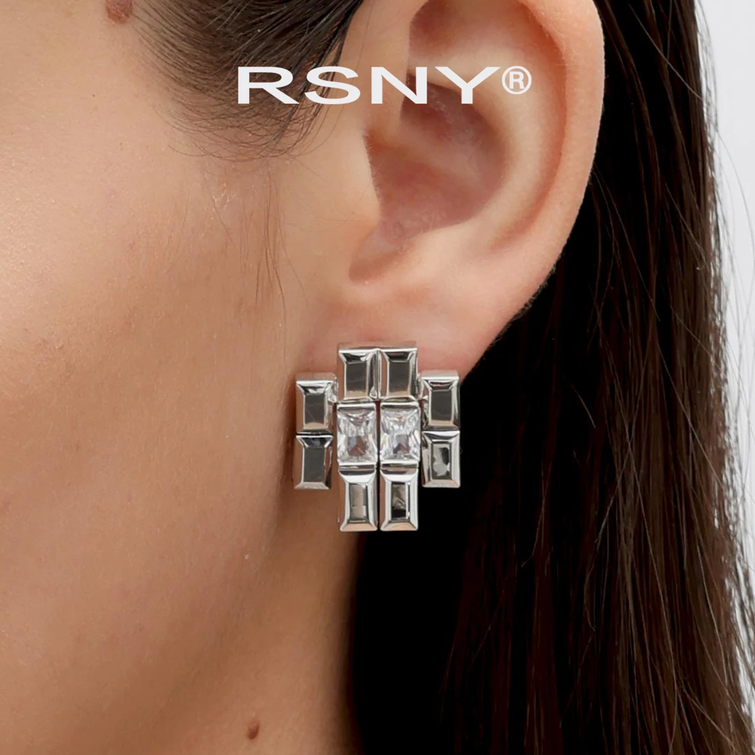 铜合金合成锆石耳饰 [新品]RSNY公主方拼接耳钉轻奢设计2025简约