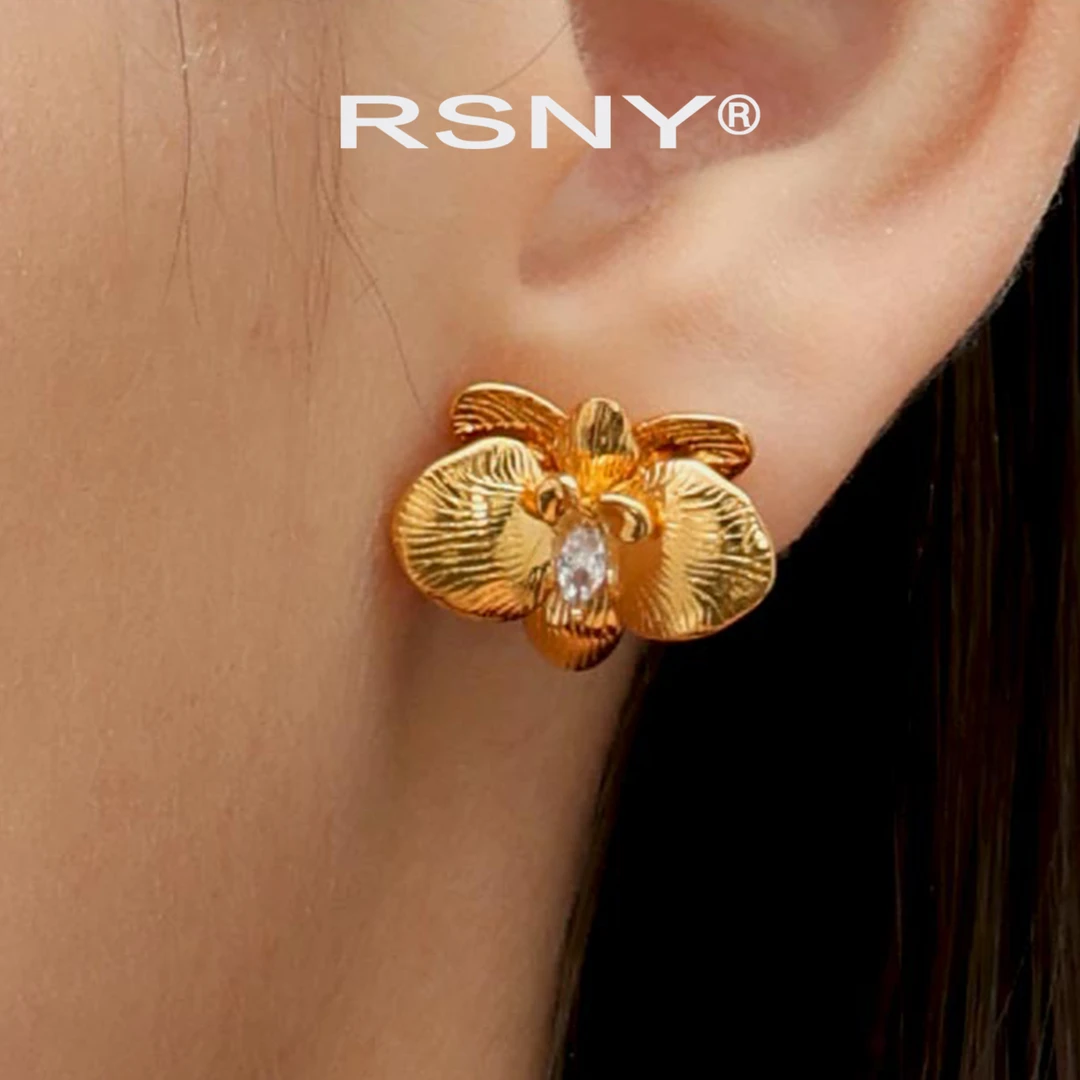 铜合金合成锆石耳饰 [新品]RSNY兰花耳钉轻奢设计感欧美2025新款