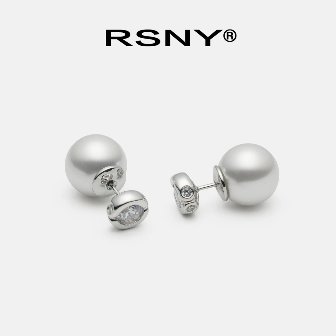 RSNY 铜合金合成锆石耳饰 【吴宣仪同款】双头贝珠三戴耳钉（送耳堵）