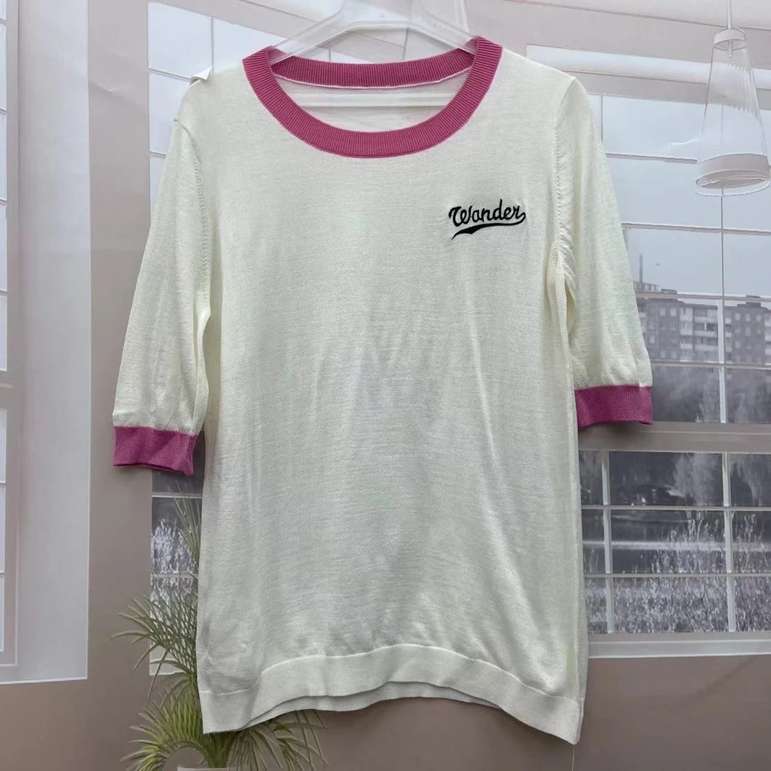 918 时尚夏季白色撞色潮流圆领百搭套头拼色休闲针织衫