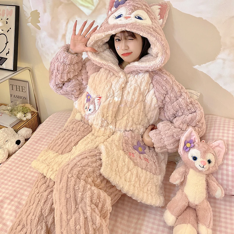 【夹棉83619】XX女士睡衣冬季珊瑚绒三层加厚加绒套装毛绒家居服