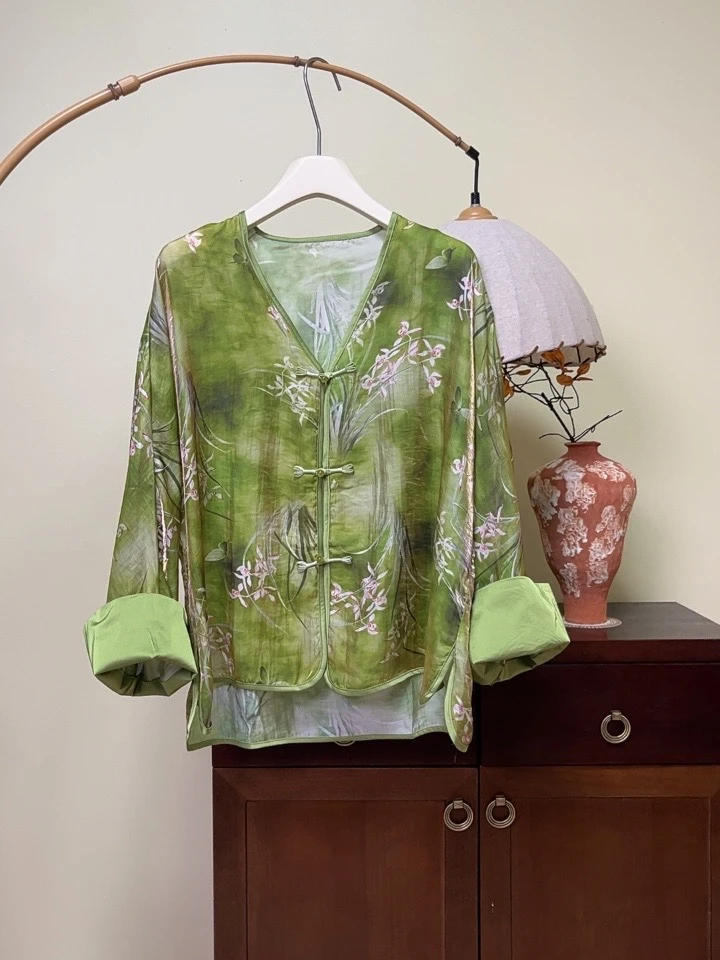 【大雅】2024新款新中式国风宽松盘口外套复古百搭V领印花上衣女款