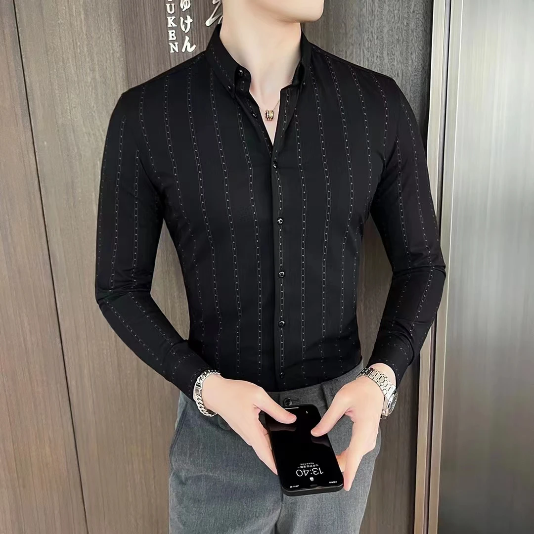【波哥气质】夏秋款潮流轻奢个性波点条纹修身显瘦衬衫上衣88201