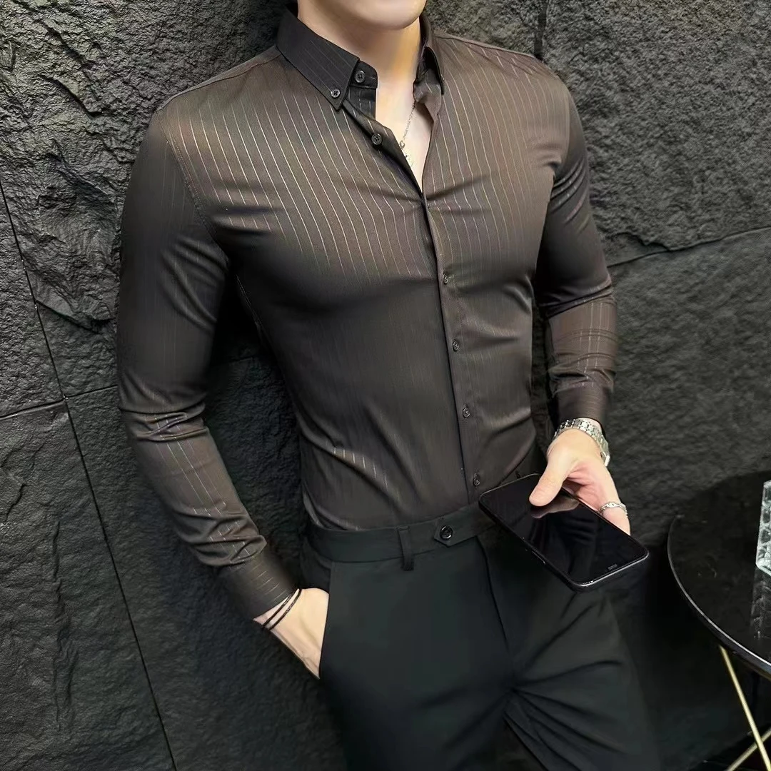 【波哥气质】细密条纹男士轻奢修身纽扣领抗皱免烫休闲衬衫上衣8001