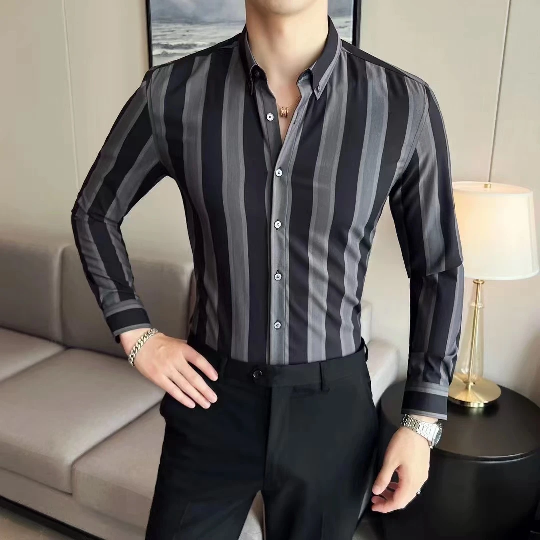 【波哥气质】男士秋冬款休闲纽扣领轻奢丝滑条纹修身衬衫上衣88266