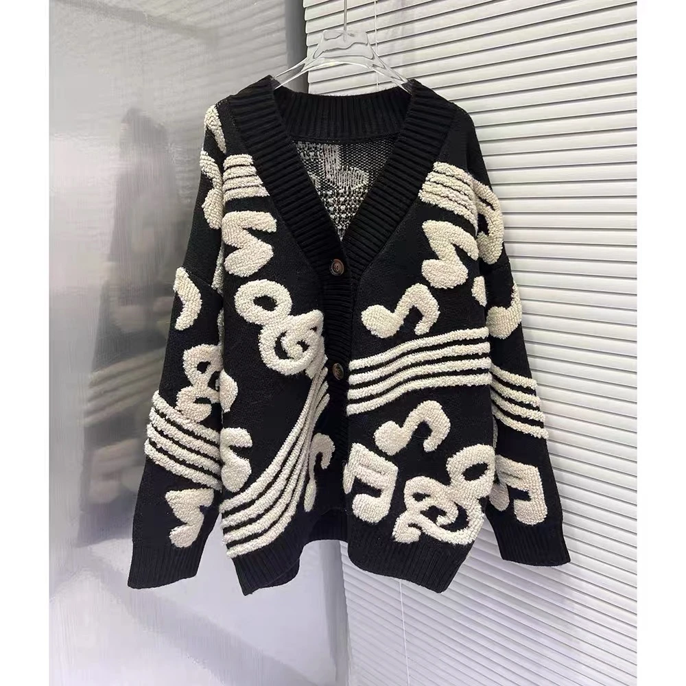 慵懒风软糯撞色音符图案毛衣外套女秋冬新韩版宽松时尚百搭针织衫