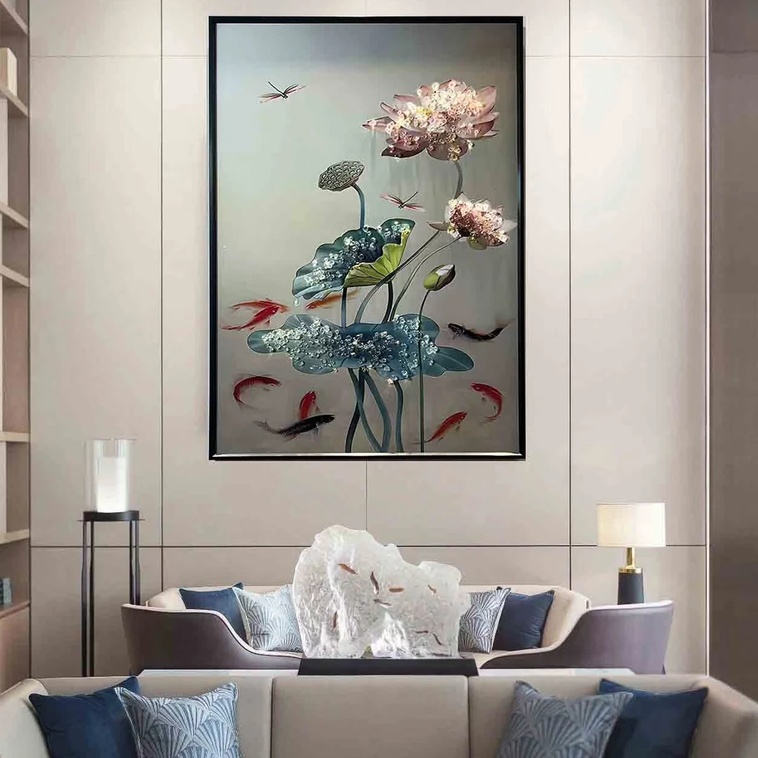 荷花九鱼图客厅沙发背景墙装饰画竖版新中式简约轻奢高级感挂画