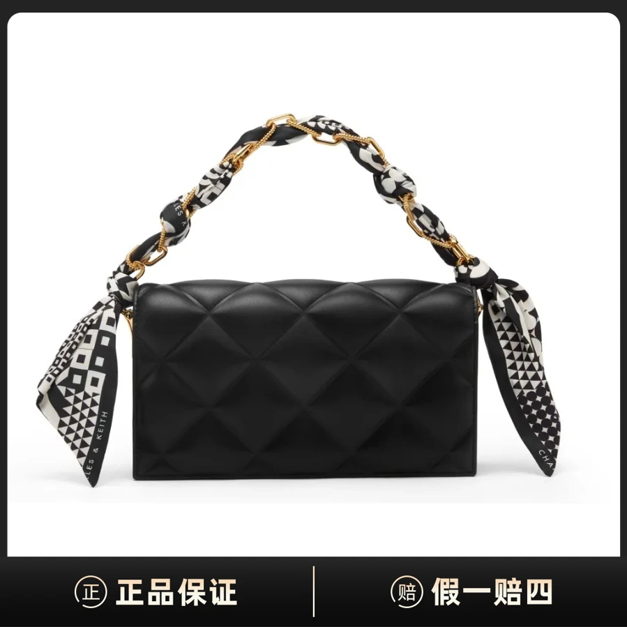 全新未使用 CHARLES & KEITH 丝巾菱格链条单肩包C258798