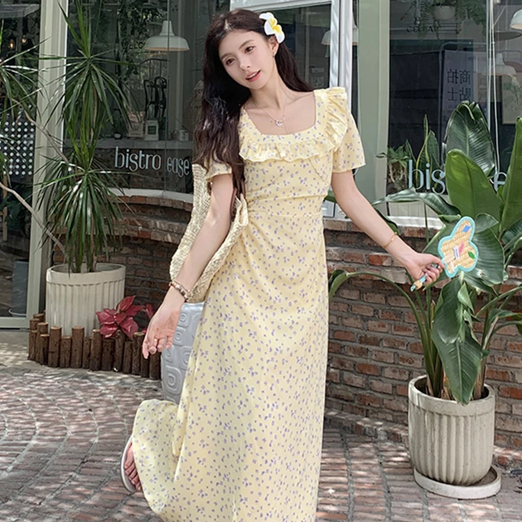 【现货】茶歇法式黄色方领碎花连衣裙子女夏季小个子气质长裙9252