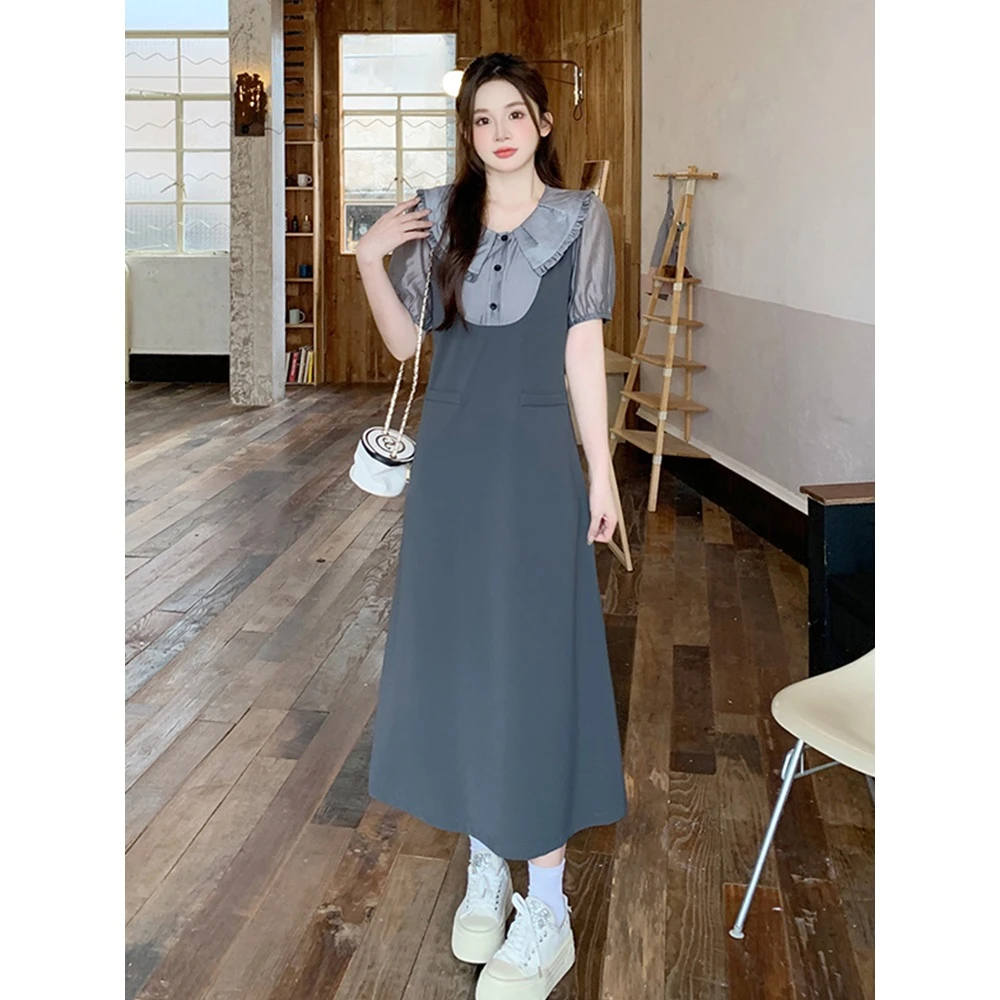 大码女装夏装新款2024短袖显瘦假两件A字裙遮胯设计感连衣裙9268