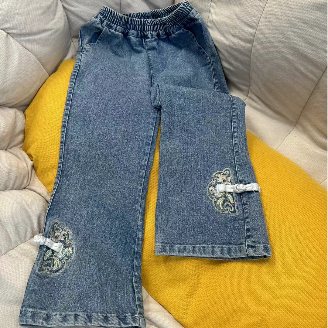女童春秋牛仔裤微喇裤新中式马蹄裤休闲儿童国风裤子软弹力牛仔裤