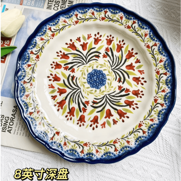陶瓷手绘蓝色圆盘盘子花边菜盘子高颜值网红款陶瓷盘子家用餐具