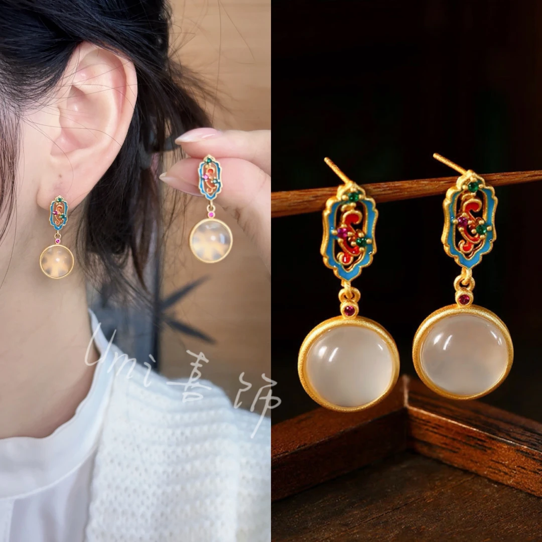 铜合金珐琅耳饰 新中式S925银针珐琅釉彩小圆满耳钉古法小众气质