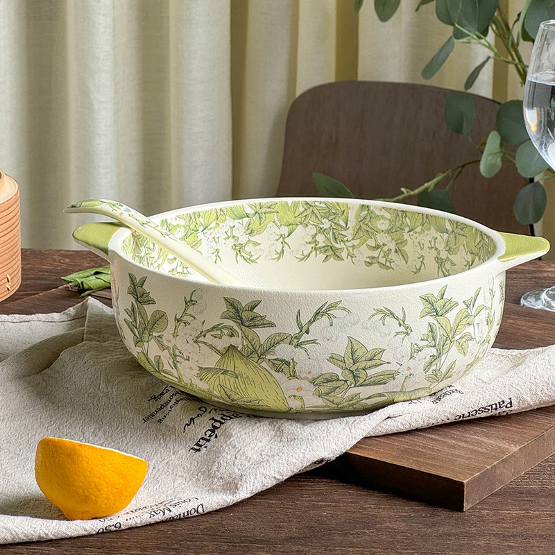 《华典》绿铃兰10.5英寸双耳碗家用加厚大汤碗珠光磨砂釉面陶x