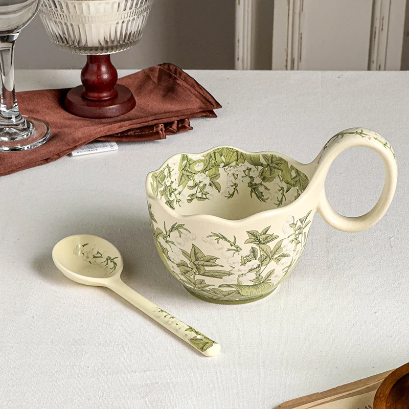 《华典》幸福铃兰—450ml曲把杯复古家用创意陶瓷网红珠光磨砂釉