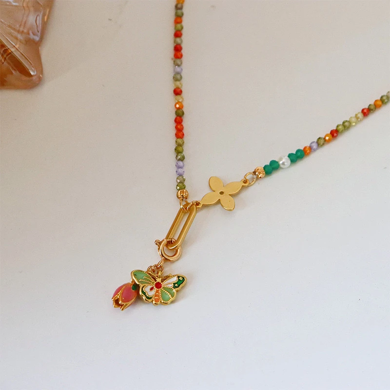 铜合金锆石项链 F6013新中式彩色多巴胺蝴蝶百搭锁骨项链