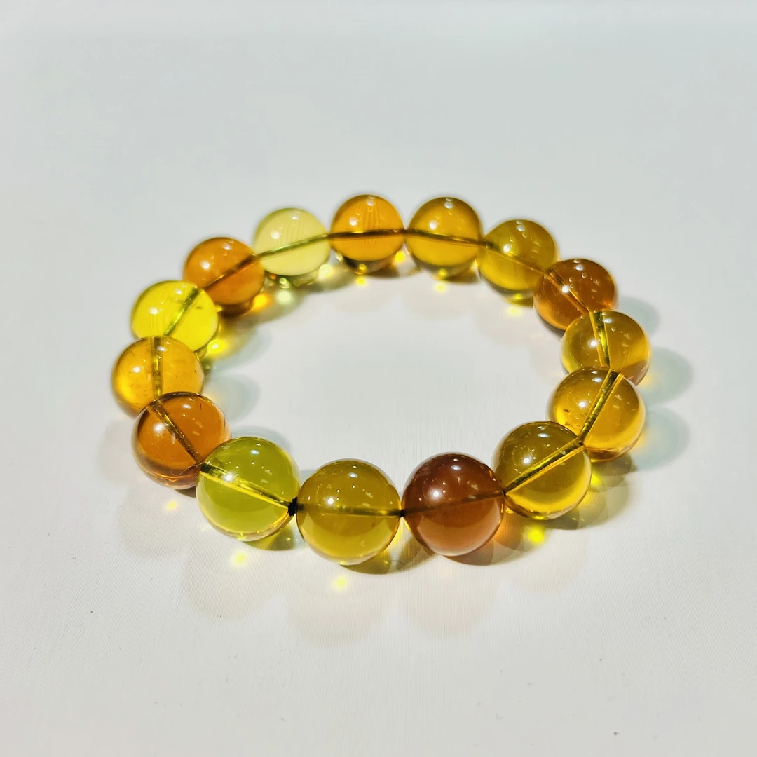 缅甸琥珀七彩玲珑茶宝手串女款时尚百搭女士单圈鸡油黄(X0017-42)