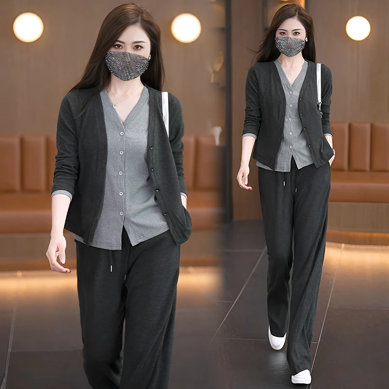 秋季新款时尚气质假两件针织阔腿裤套装女士高个子显瘦修身两件套