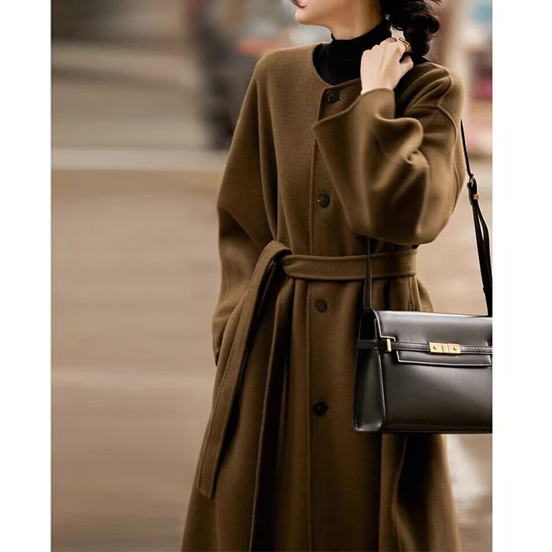 2023秋冬新款优雅圆领大衣双面羊毛显瘦中长款毛呢外套女2397