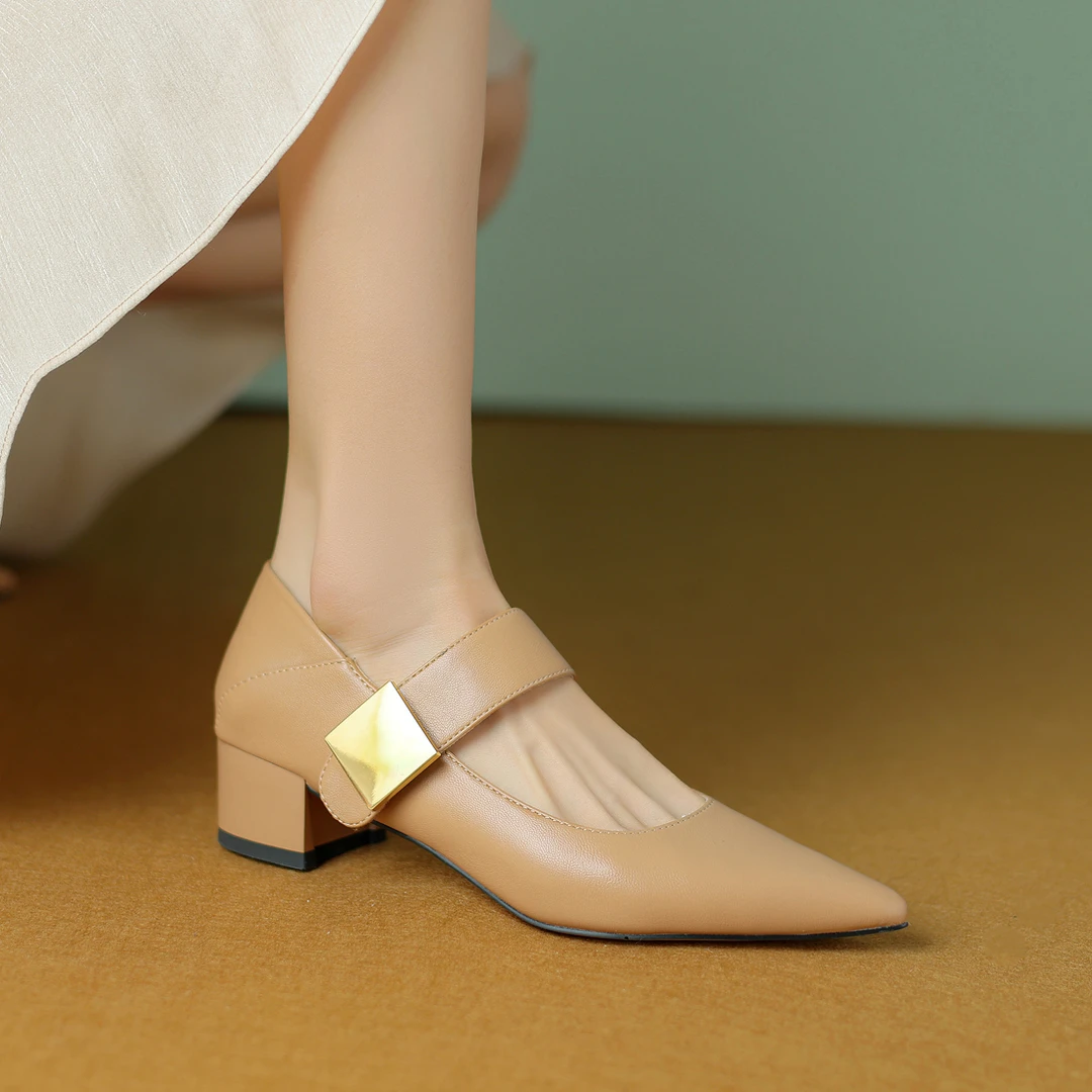 【跟高4cm】新款百搭舒适中跟鞋女粗跟尖头单鞋女浅口女鞋子