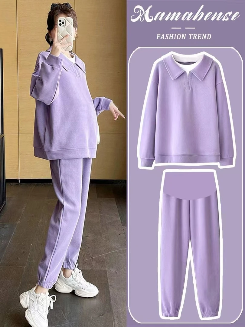 孕妇装两件套装春秋设计感拼接卫衣翻领运动宽松遮肚显瘦潮妈套装