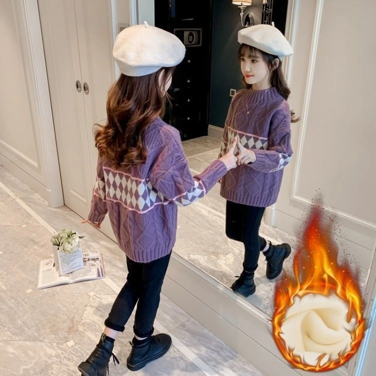 好童伴儿童毛衣女2024新款秋冬装女童打底套头毛衣中大童加绒加厚