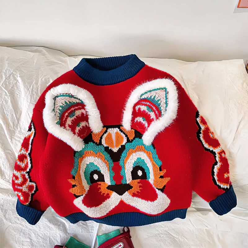 好童伴男女童加厚针织卡通毛衣2024秋冬新款洋气宝宝红色兔子过年