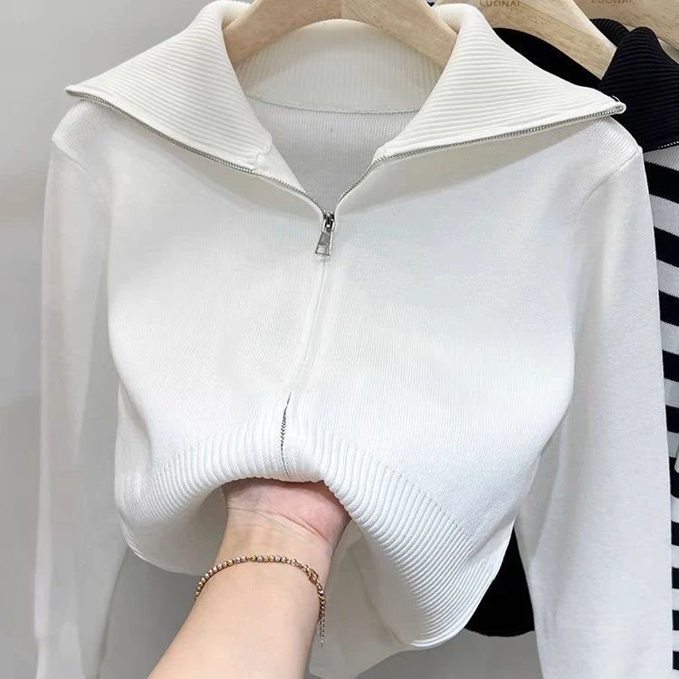 百搭显瘦翻领针织衫双头拉链开秋季新款衫洋气短款修身百搭长袖