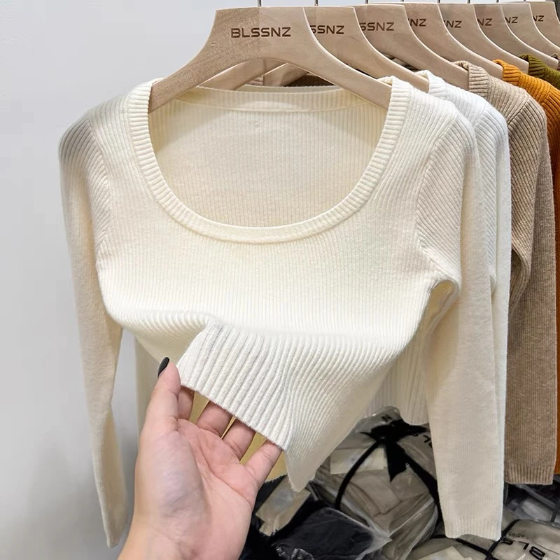 纯色短款长袖毛针织衫女秋季新款显瘦上衣保暖内搭打底衫百搭洋气
