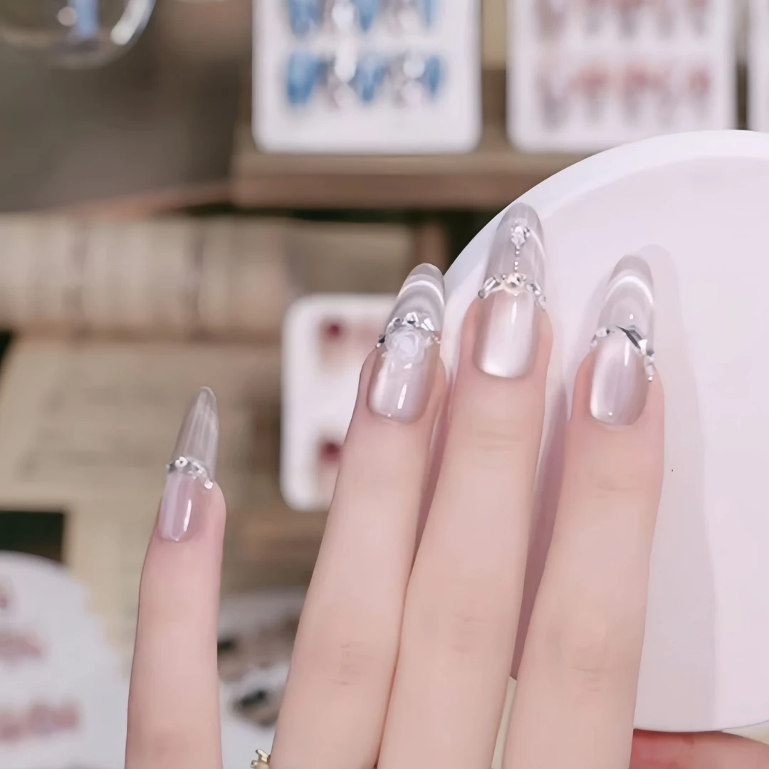 「镜花水月」XH纯手工穿戴美甲猫眼立体浮雕手绘光疗甲假指甲可拆卸