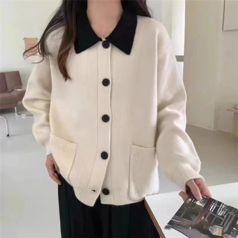 有温度拼接翻领简单休闲大方毛衣开衫上衣女装长袖针织衫