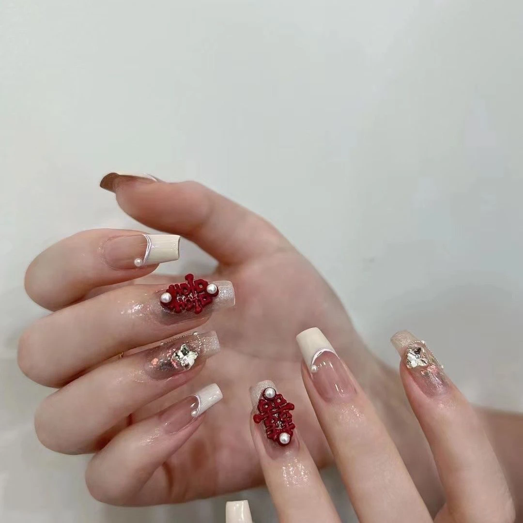 白色优雅法式  结婚美甲中长甲超闪指尖指甲贴甲片穿戴式纯欲渐变