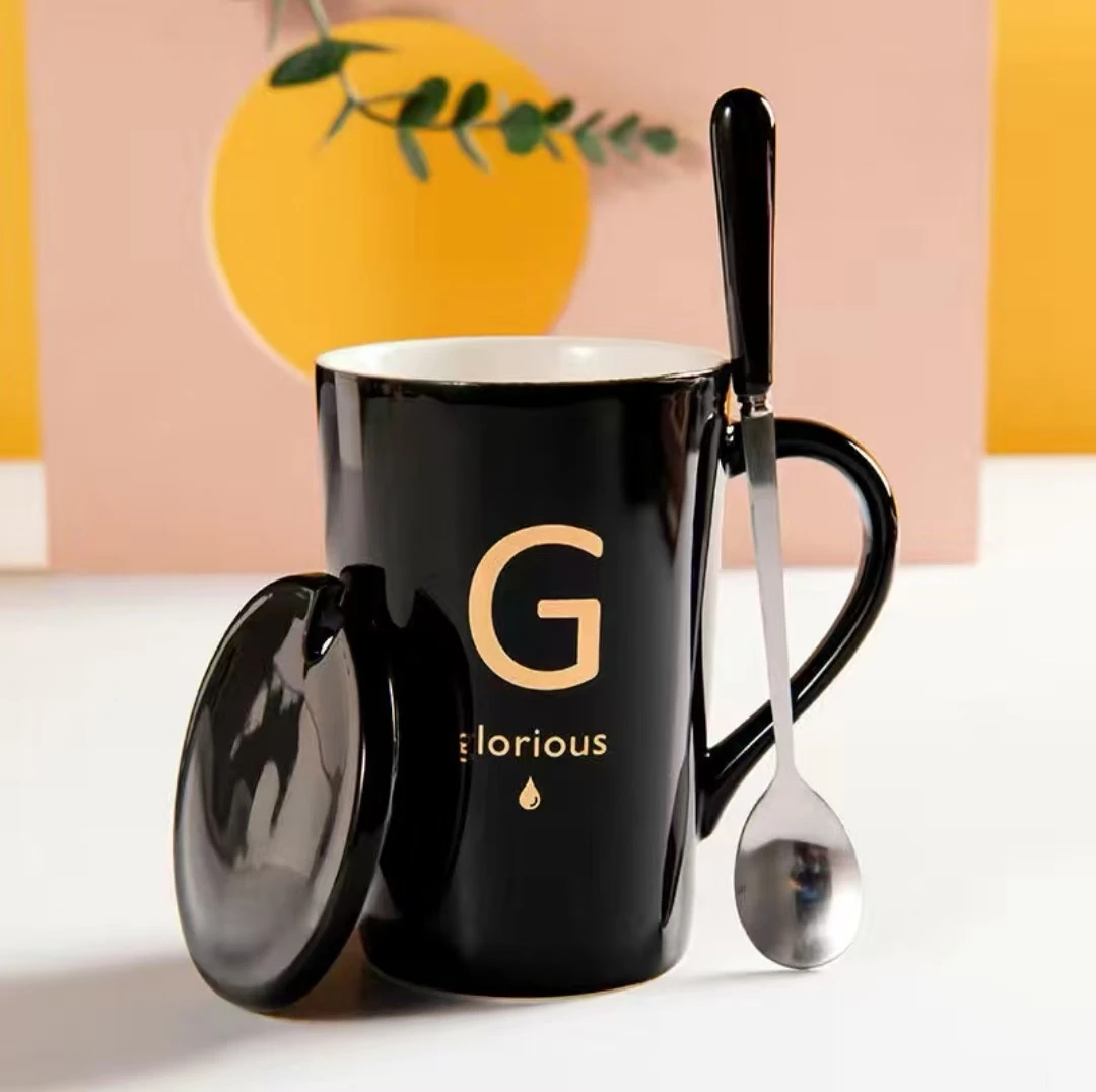 陶瓷马克杯水杯带盖勺杯子家用喝水杯大容量情侣杯茶杯网红爆款