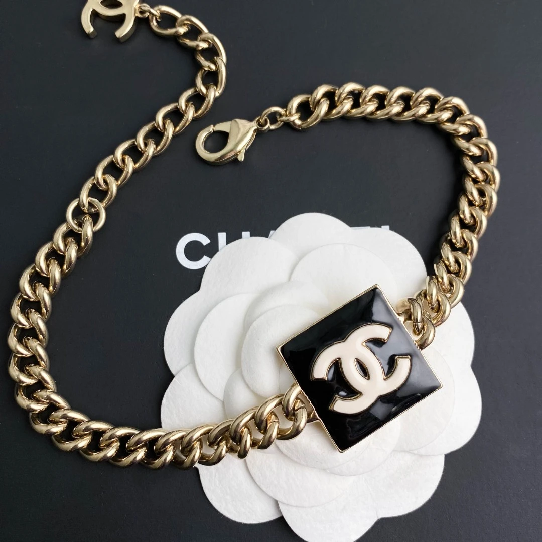 95新 Chanel/香奈儿 22A新款黑色方块双C金属链条项链 S730