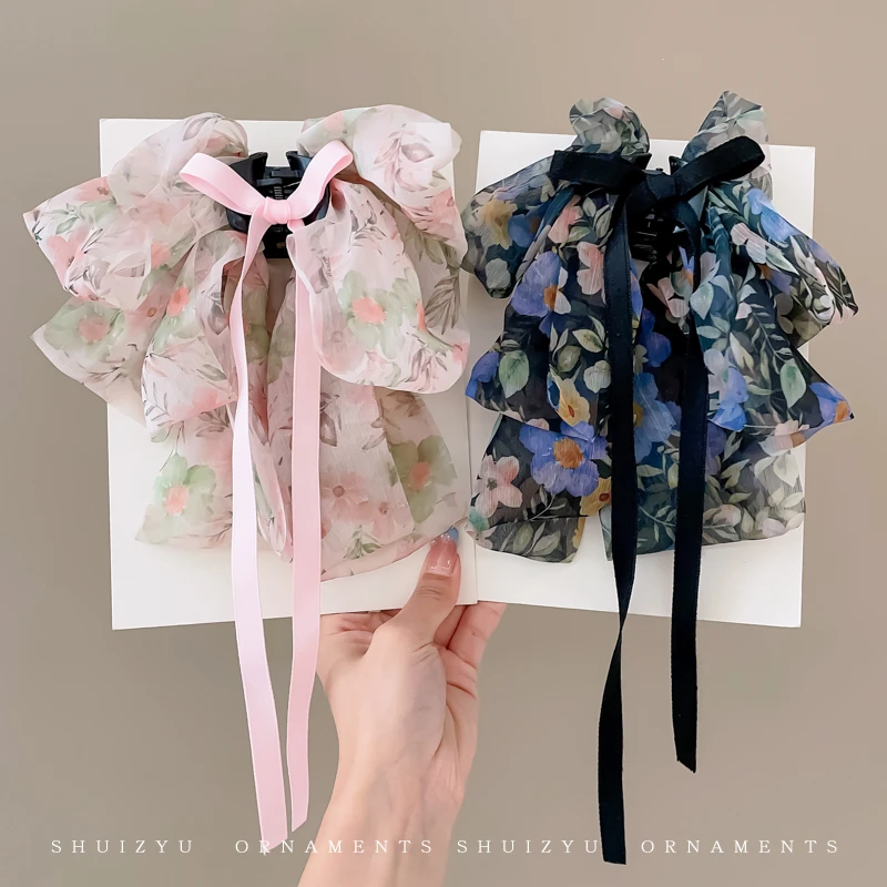 超仙碎花发夹蝴蝶结小抓夹女夏季2023新款雪纺飘带后脑勺发卡WLL