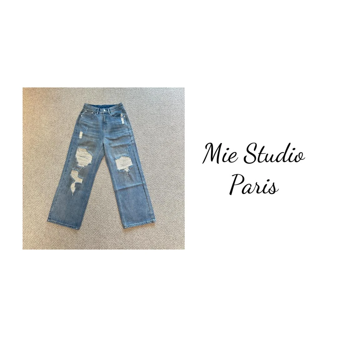 破坏破洞擦脏做旧牛仔裤宽松直筒水洗牛仔裤