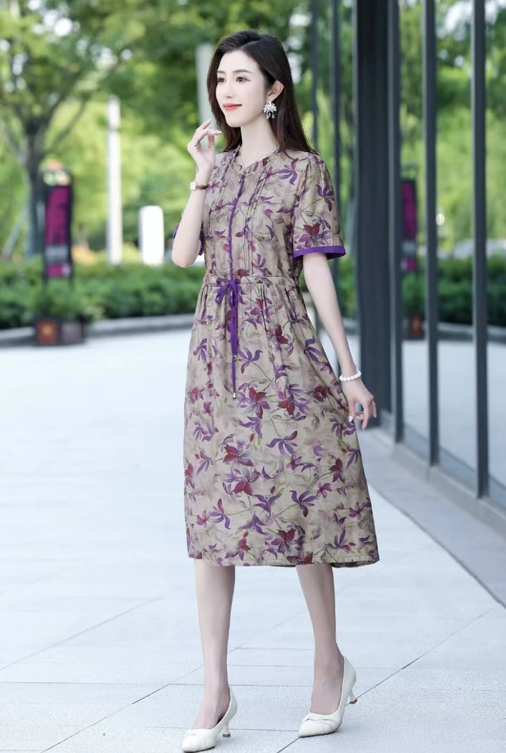 Z-M-2122新款文艺气质风高端云锦缎富贵紫妈妈装连衣裙休闲百搭