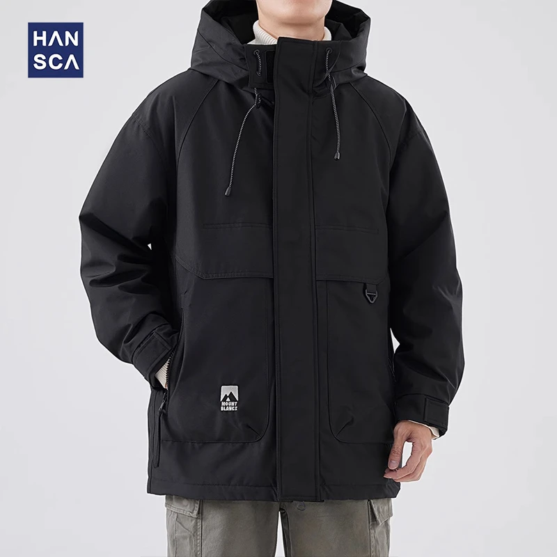 Hansca90白鸭绒美式工装羽绒服男冬季新款户外简约大口袋连帽外套