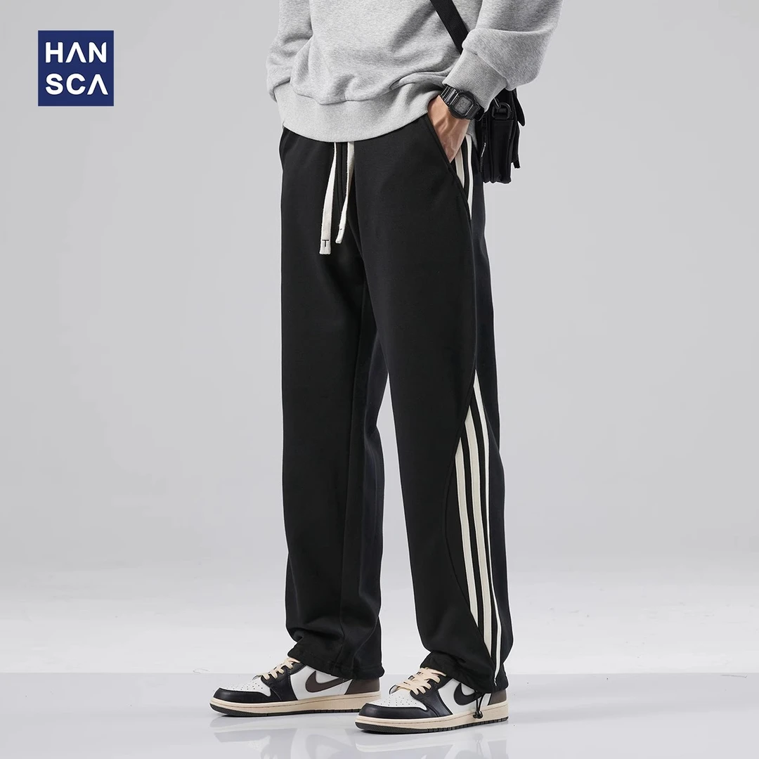 hansca直筒垂感卫裤男秋季新款侧条纹百搭大码3225运动休闲长裤子