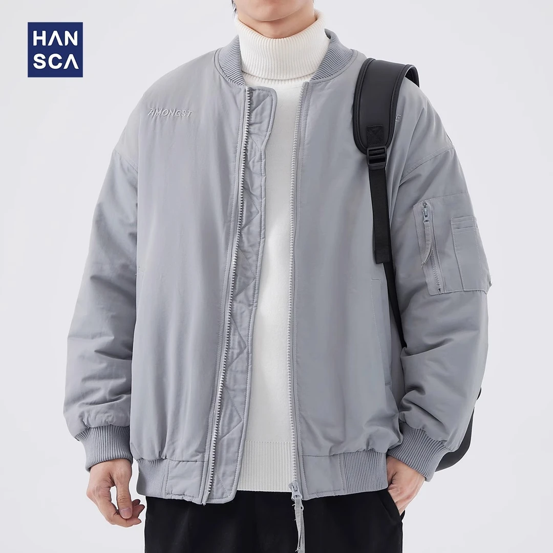 Hansca美式潮牌棒球领棉衣男韩版新款加厚刺绣防风飞行员夹克外套