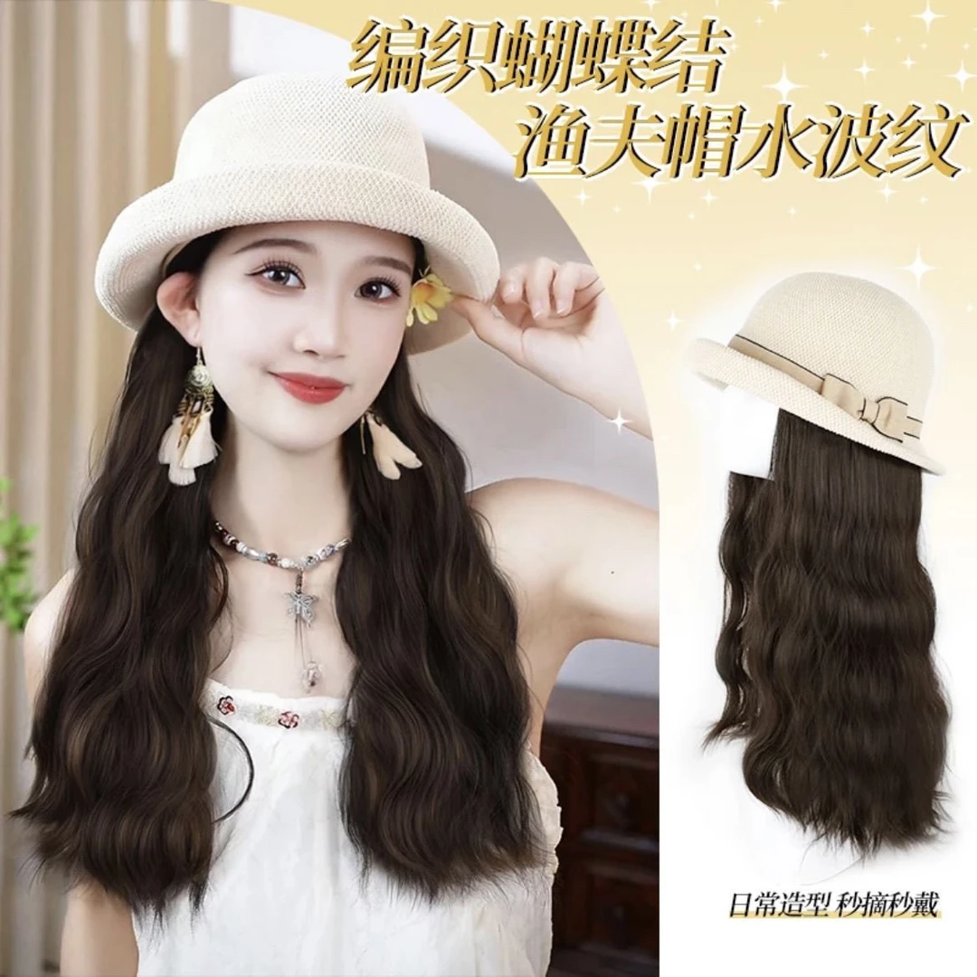 假发帽子一体女夏天蝴蝶结渔夫帽水波纹卷发气质自然防真遮阳帽子