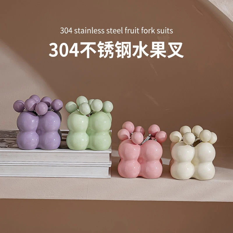 水果叉套餐家用甜品叉少女心可爱水果叉收纳罐儿童不锈钢水果叉