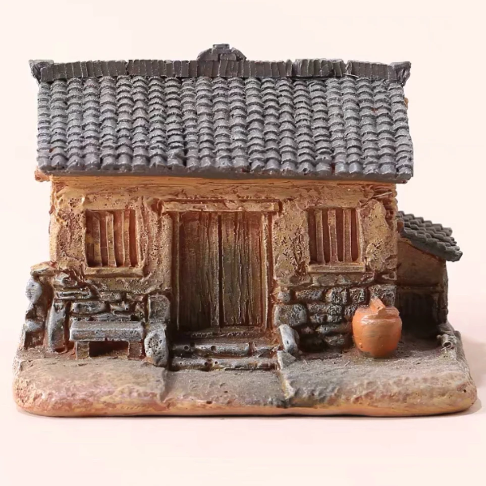 豆磨造景田园乡村独院老房子摆件迷你复古怀旧原微景观茶台手把件