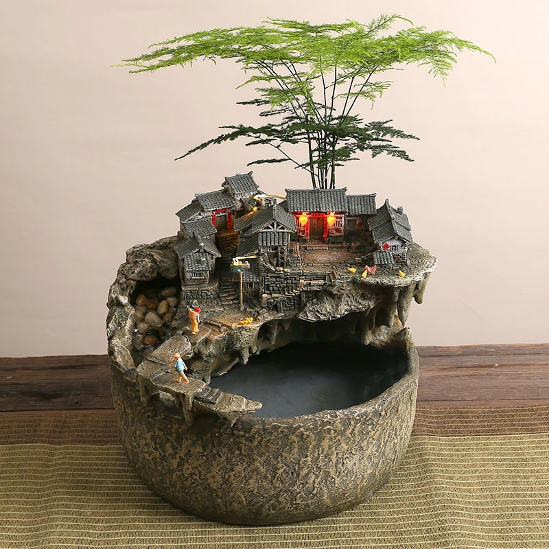 豆磨泊船瓜洲复古风格微缩景观摆件可养鱼可亮灯庭院书房家居装饰