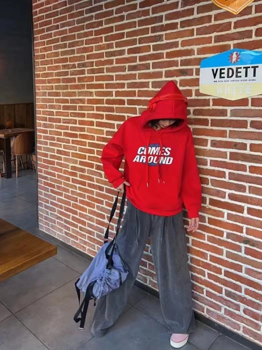 [花云家]主推冬季新款年款连帽加绒韩版卫衣红色长袖宽松上衣休闲