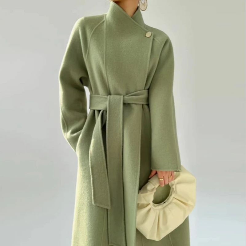 844冬季新款保暖加厚高级感大衣女中长款香草绿色气质时尚外套女