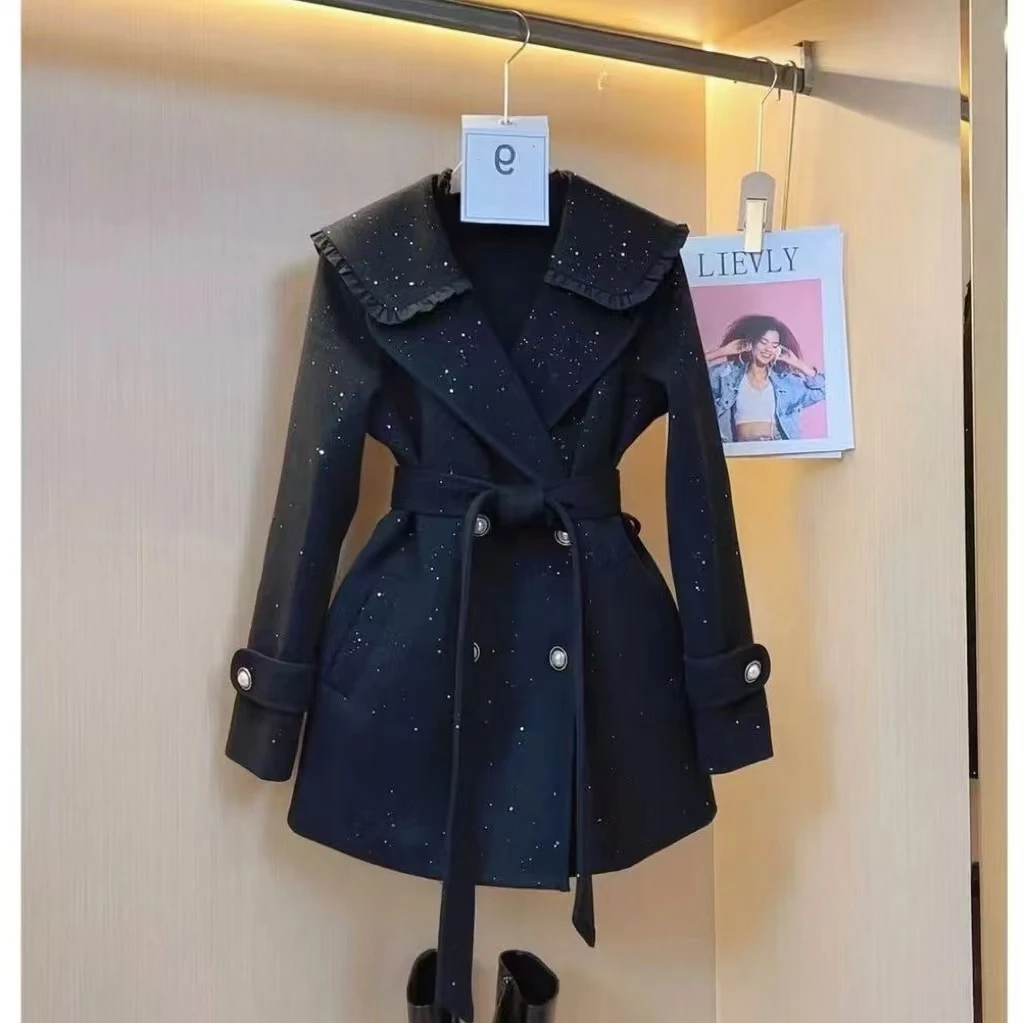 786秋冬新款气质减龄百搭高级感保暖大衣女纯色海军领短外套女