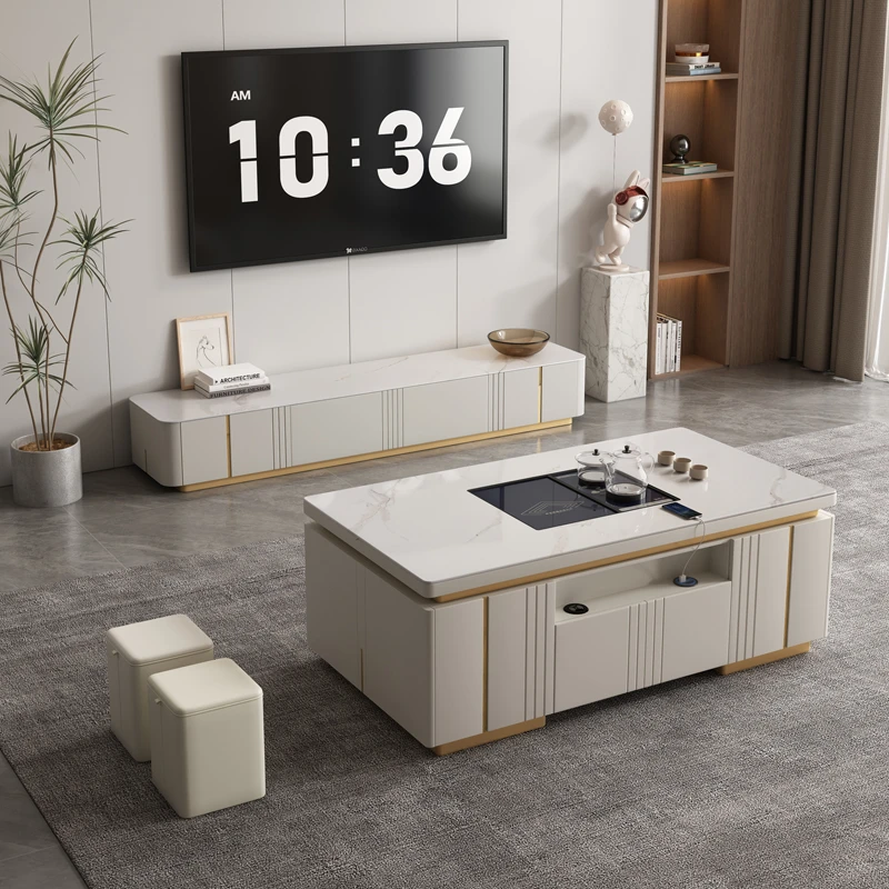 现代轻奢升降功夫茶几茶台一体智能声控家用泡茶多功能遥控全岩板